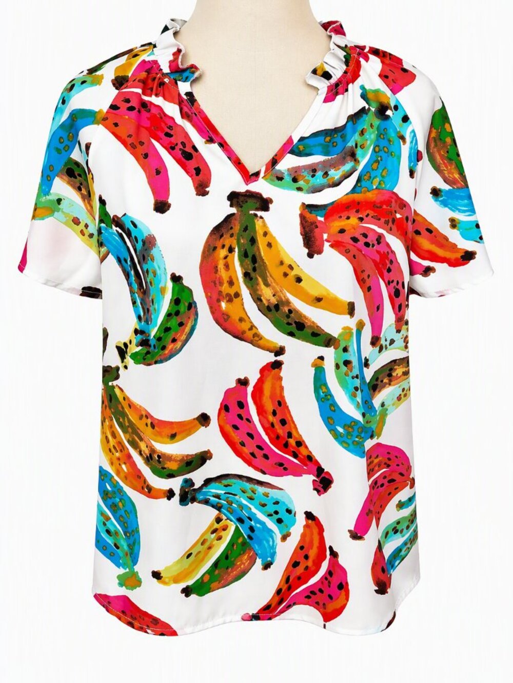 Entro Banana Print Tunic Top White Multicolor Tropical Fruit Blouse Ruffle Sz. M
